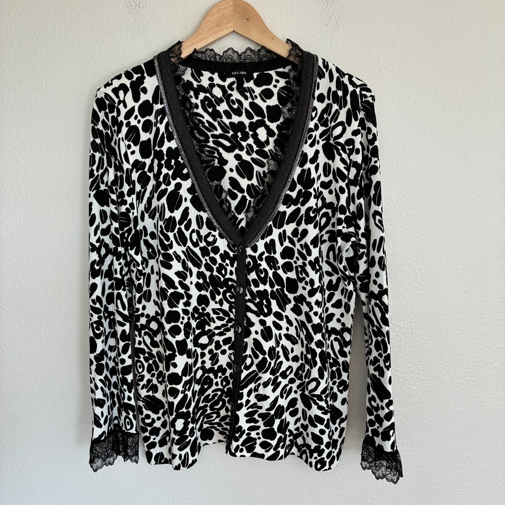 Escada Cardigan Women 42 US L Black White Leopard Print Lace Trim Button Sweater